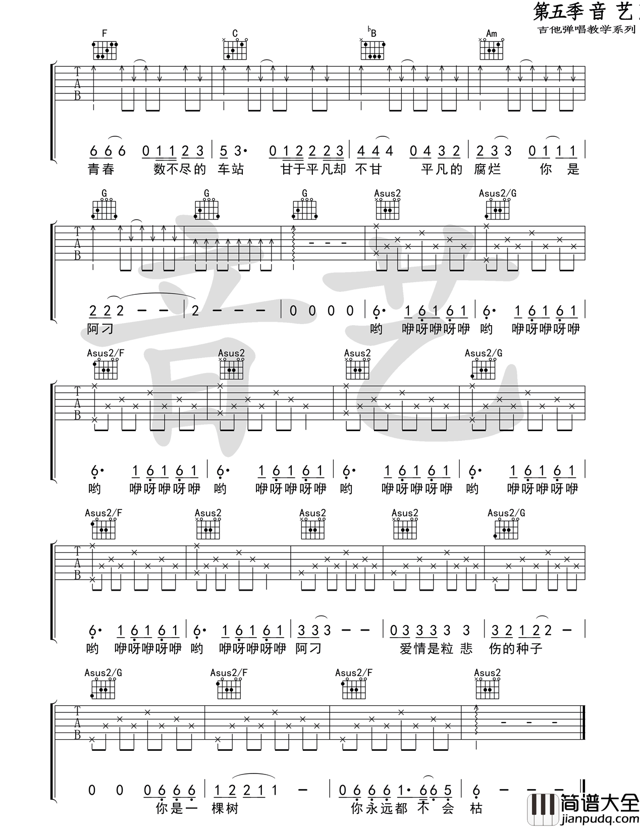 阿刁_赵雷_C调弹唱六线谱_完整版_吉他谱_张韶涵_吉他图片谱_高清