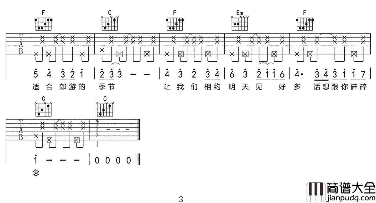 _元气夏天_吉他谱_刘瑞琦_C调原版弹唱六线谱_高清图片谱