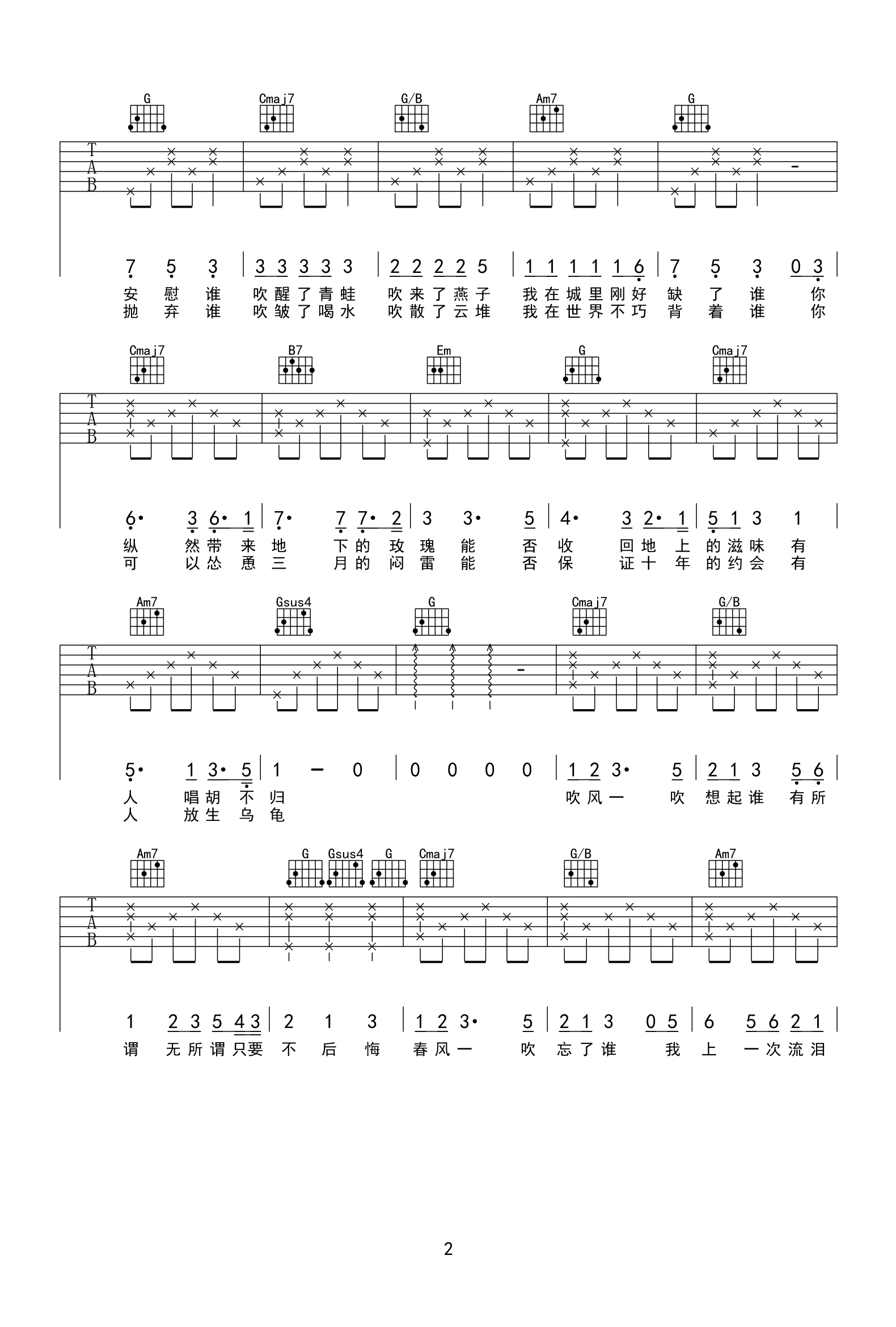 春风吹吉他谱_方大同_吉他图片谱_高清