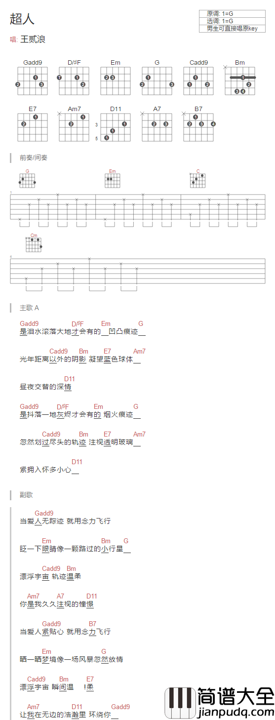 超人吉他谱_王贰浪__超人_G调简单版弹唱谱_高清和弦图谱