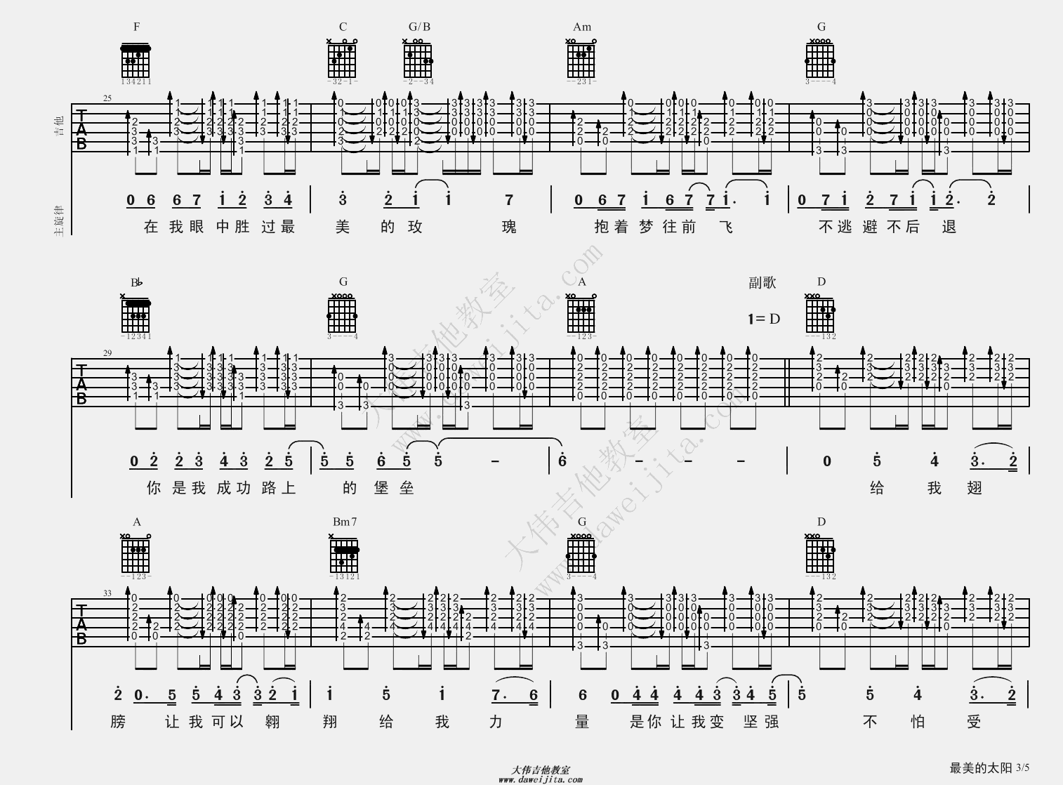 张杰_最美的太阳_吉他谱(C转D调)_Guitar_Music_Score