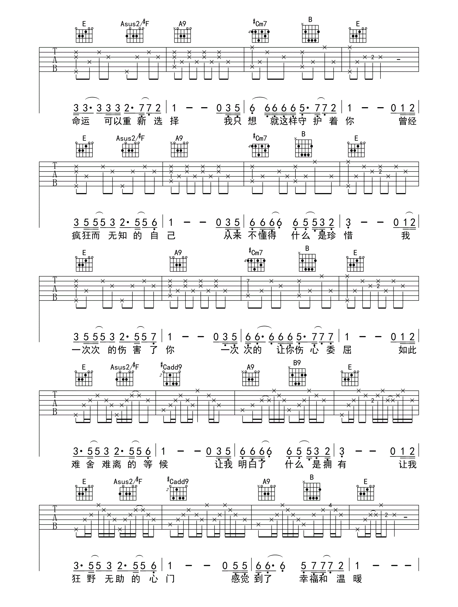 等候_王华峰_弹唱六线谱完整版_吉他谱_小哲_吉他图片谱_高清