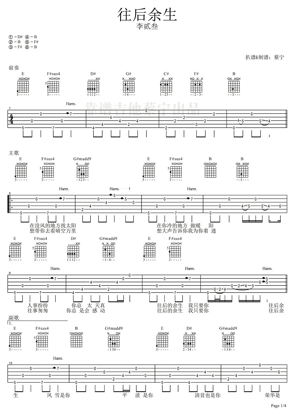 王贰浪_往后余生_吉他谱_特殊定弦版本_吉他弹唱示范