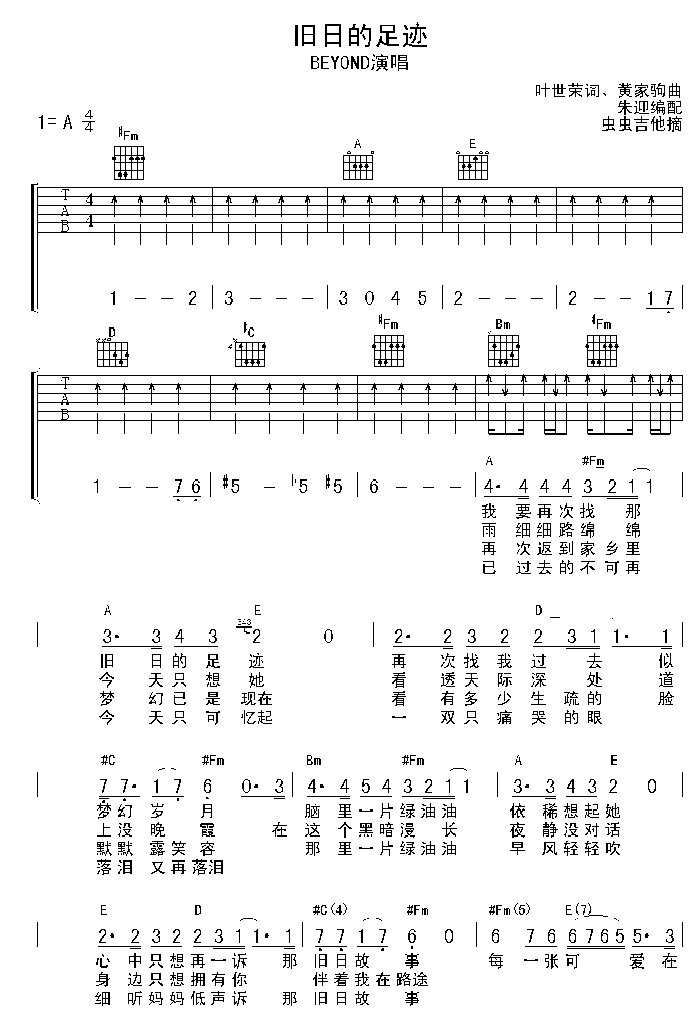 旧日的足迹|吉他谱|图片谱|高清|BEYOND