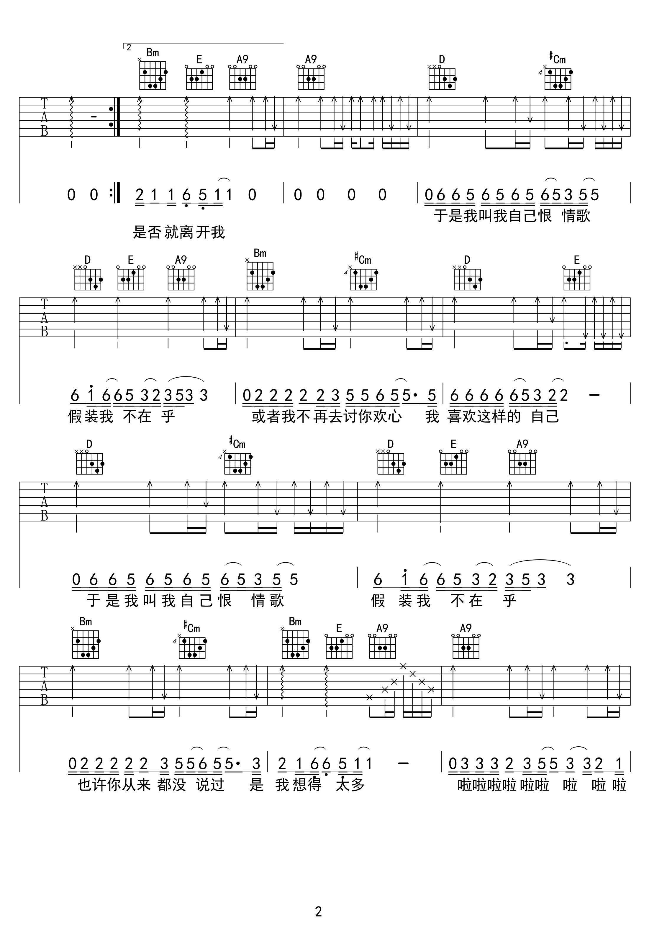 陈升_恨情歌_吉他谱_弹唱谱_六线谱_A调