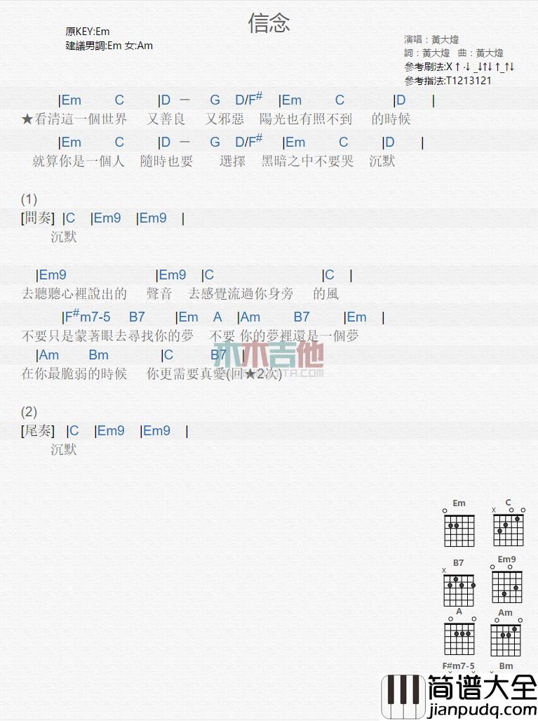 黄大炜_信念_吉他谱_Guitar_Music_Score