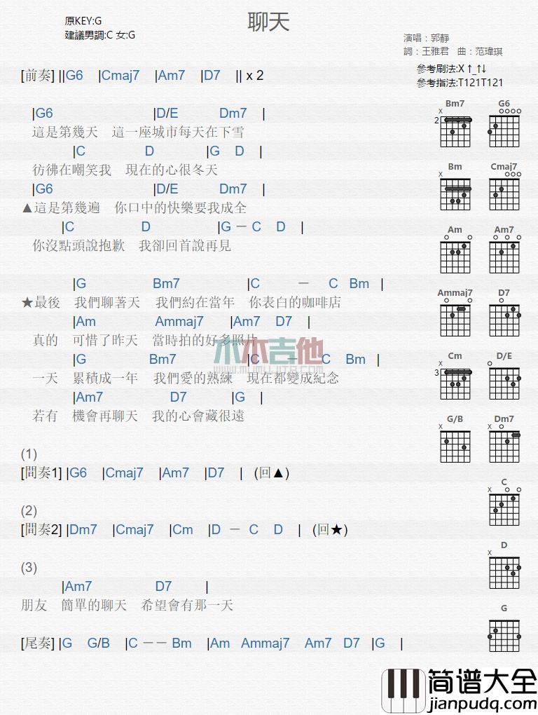 郭静_聊天_吉他谱_Guitar_Music_Score