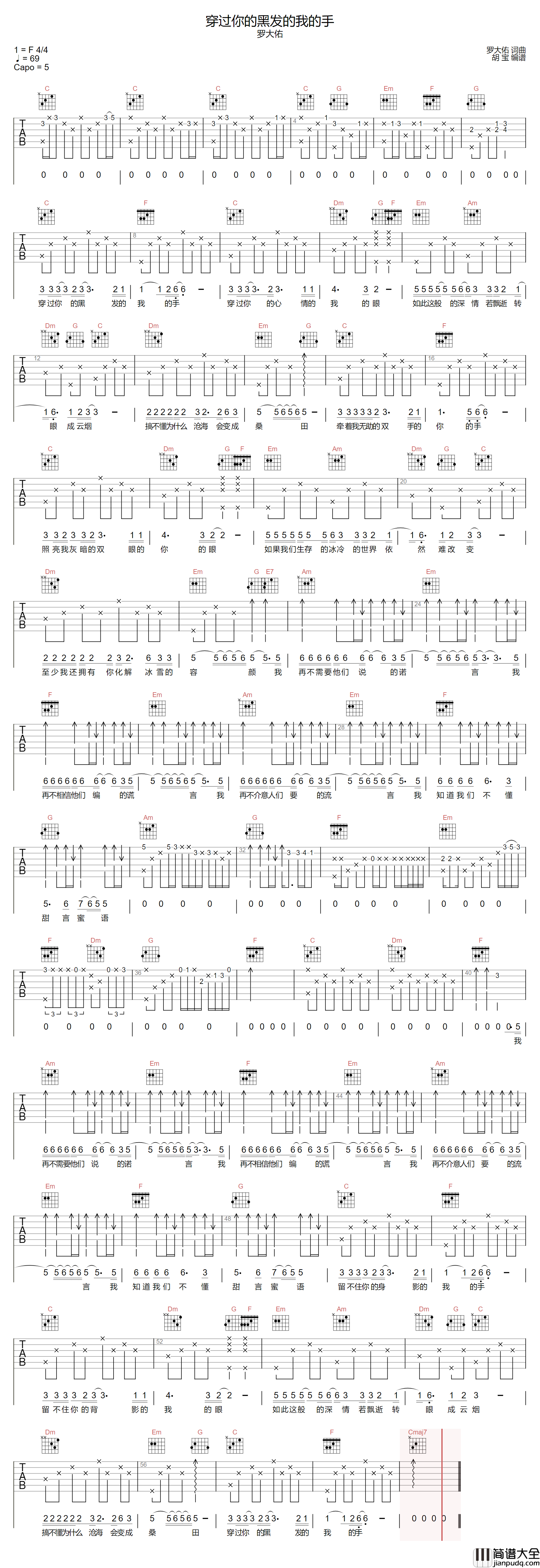穿过你的黑发的我的手吉他谱_张学友/罗大佑_C调