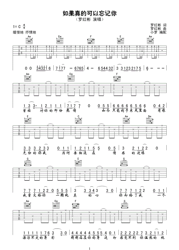 如果真的可以忘记你_罗红彬_图片谱完整版_吉他谱_干露露_吉他图片谱_高清