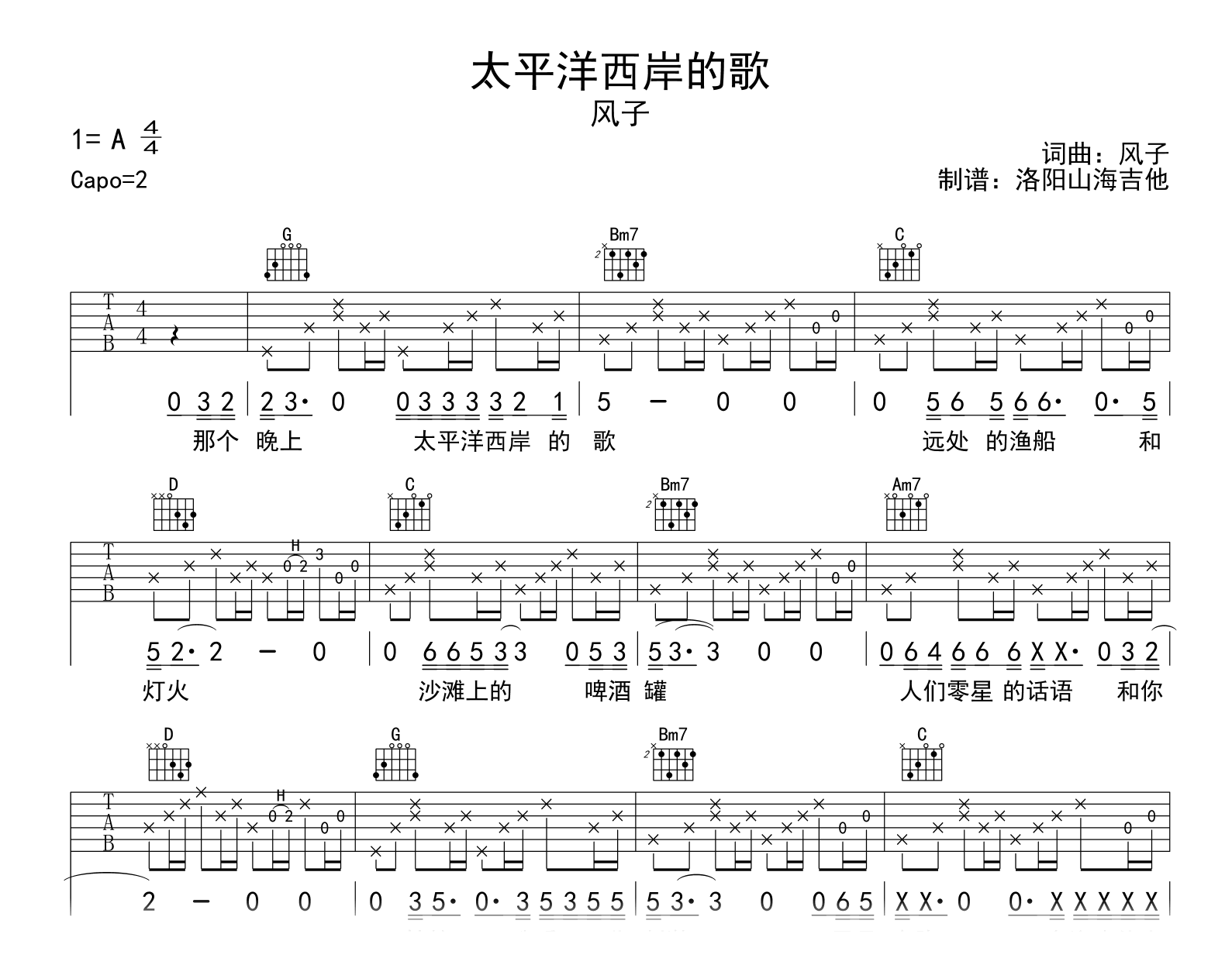 太平洋西岸的歌吉他谱_风子_G调弹唱谱_高清图片谱