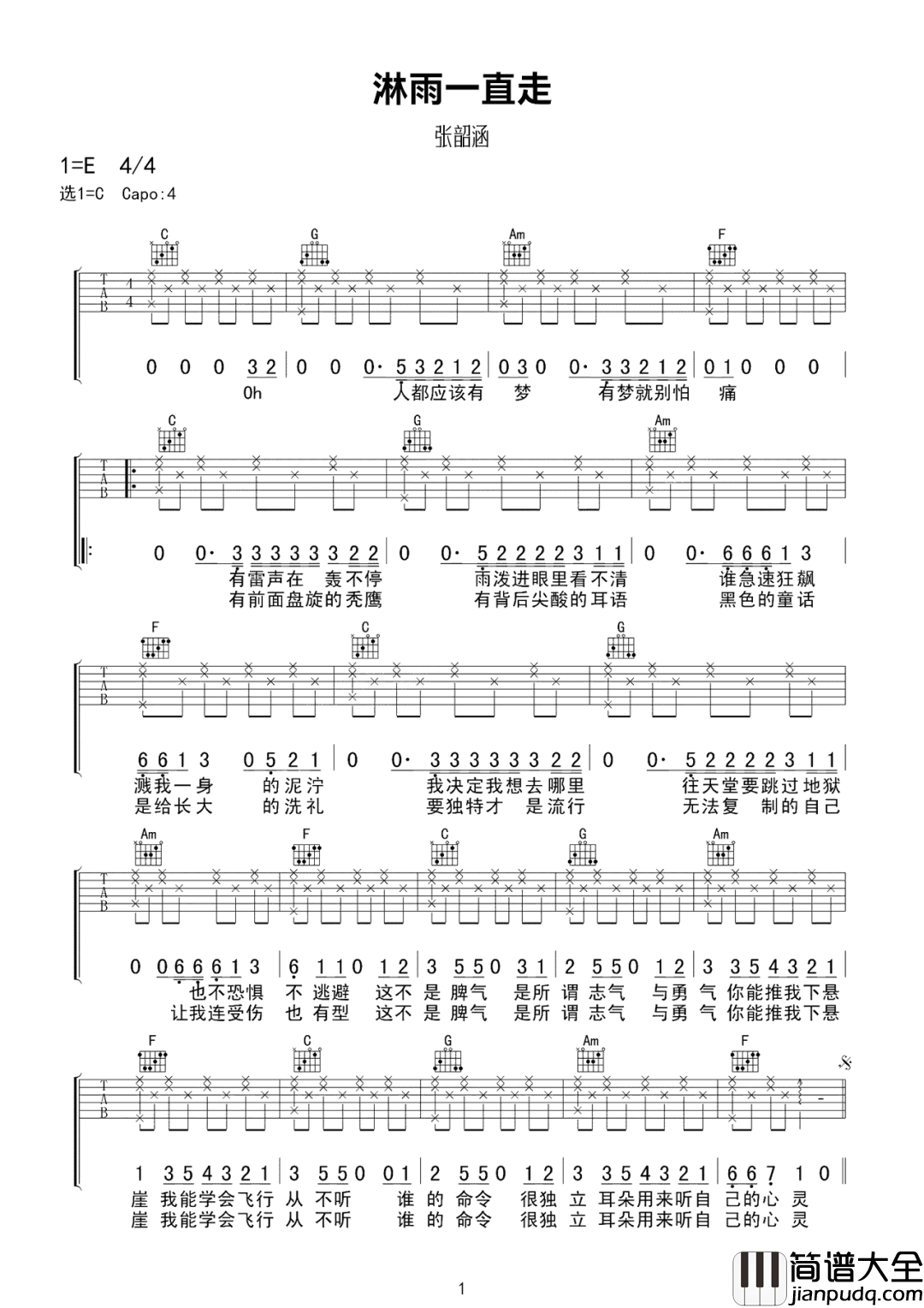 淋雨一直走吉他谱_张韶涵_C调指法编配