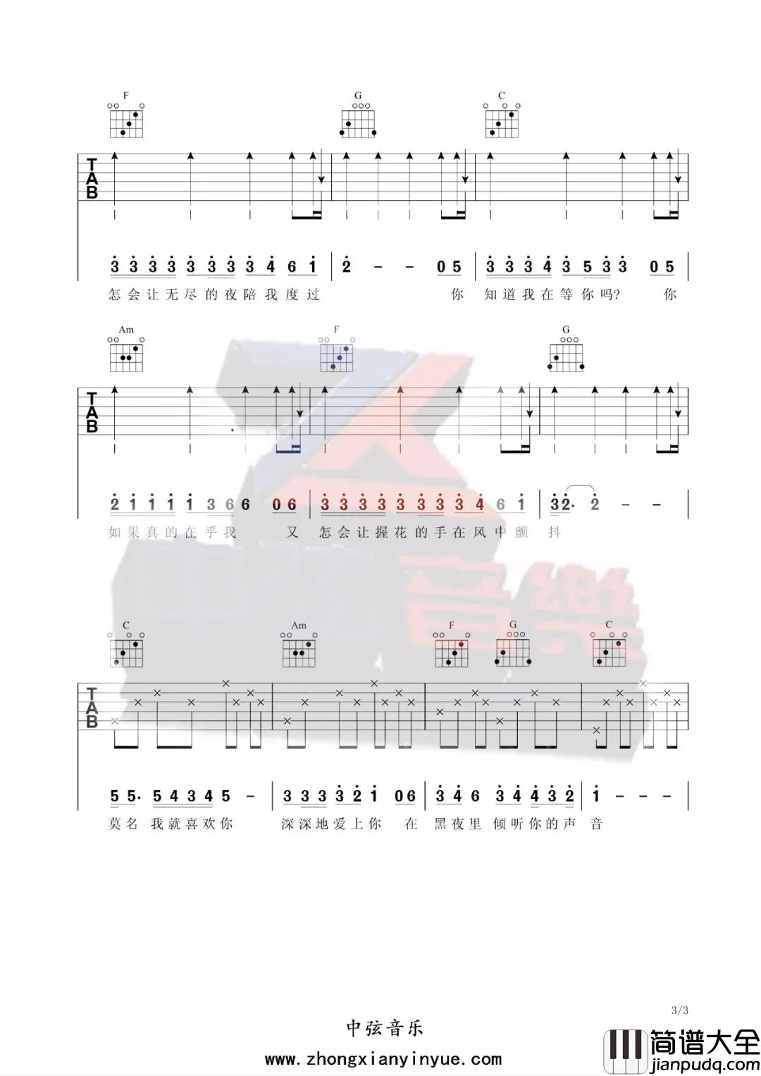 张洪量_你知道我在等你吗_吉他谱_弹唱_C调_指弹谱_六线谱