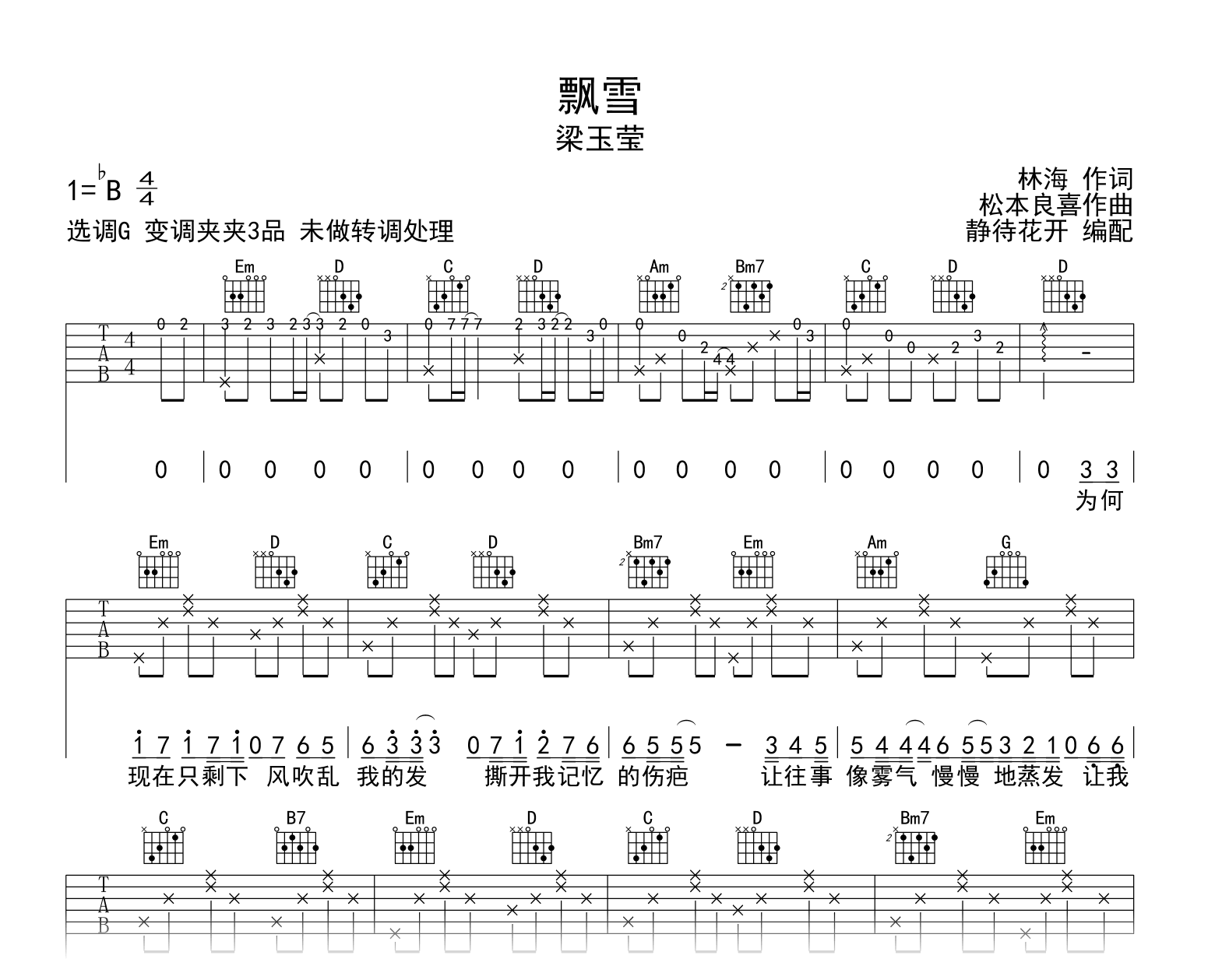 飘雪吉他谱_梁玉莹_G调弹唱谱_中国好声音