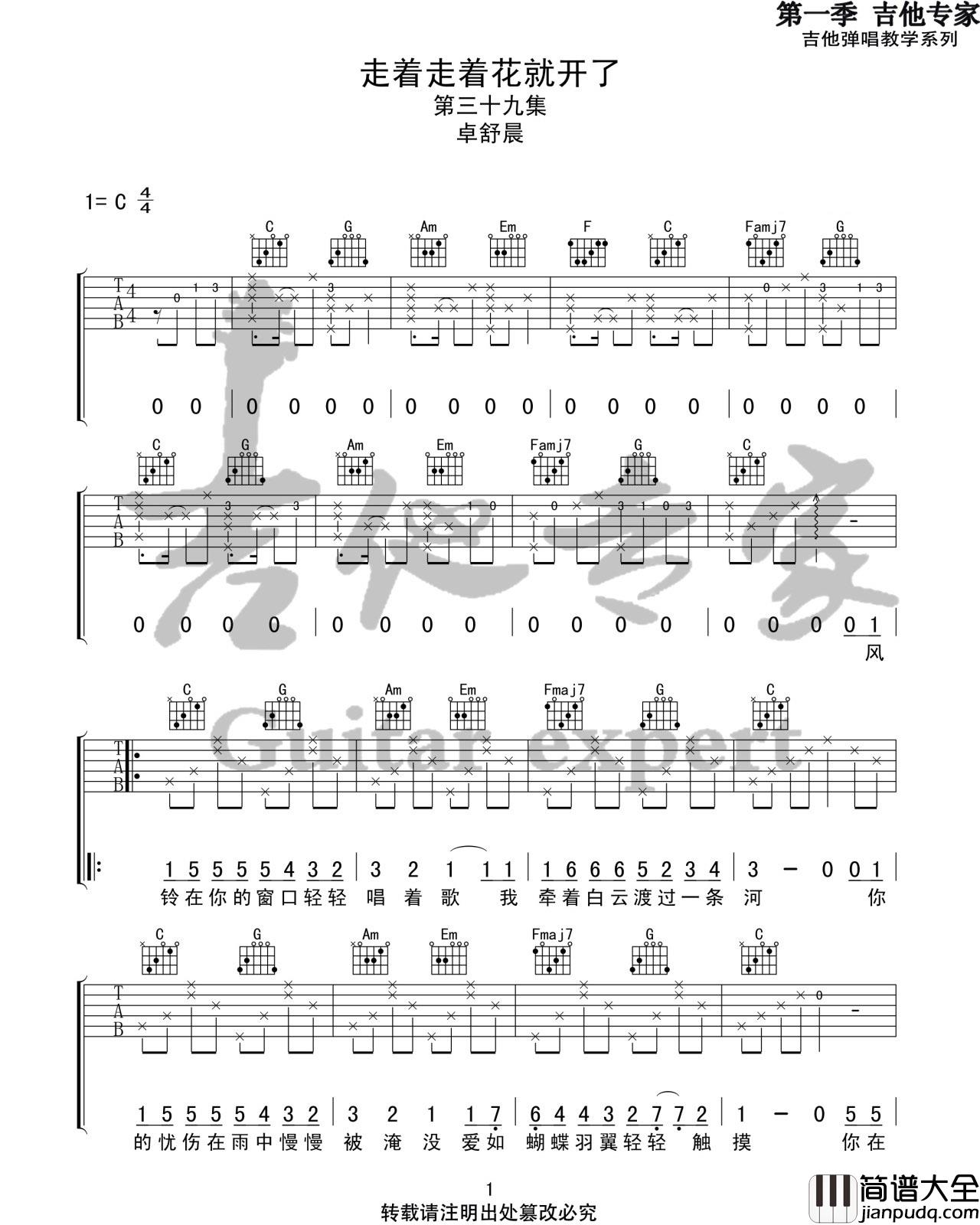 走着走着花就开了吉他谱_卓舒晨_C调原版