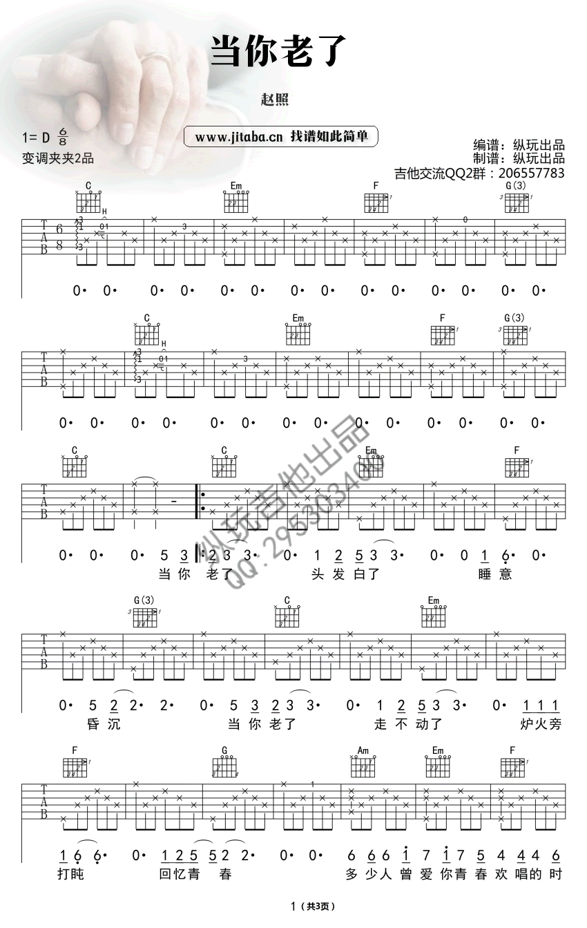 当你老了吉他谱简单版_赵照_图片谱