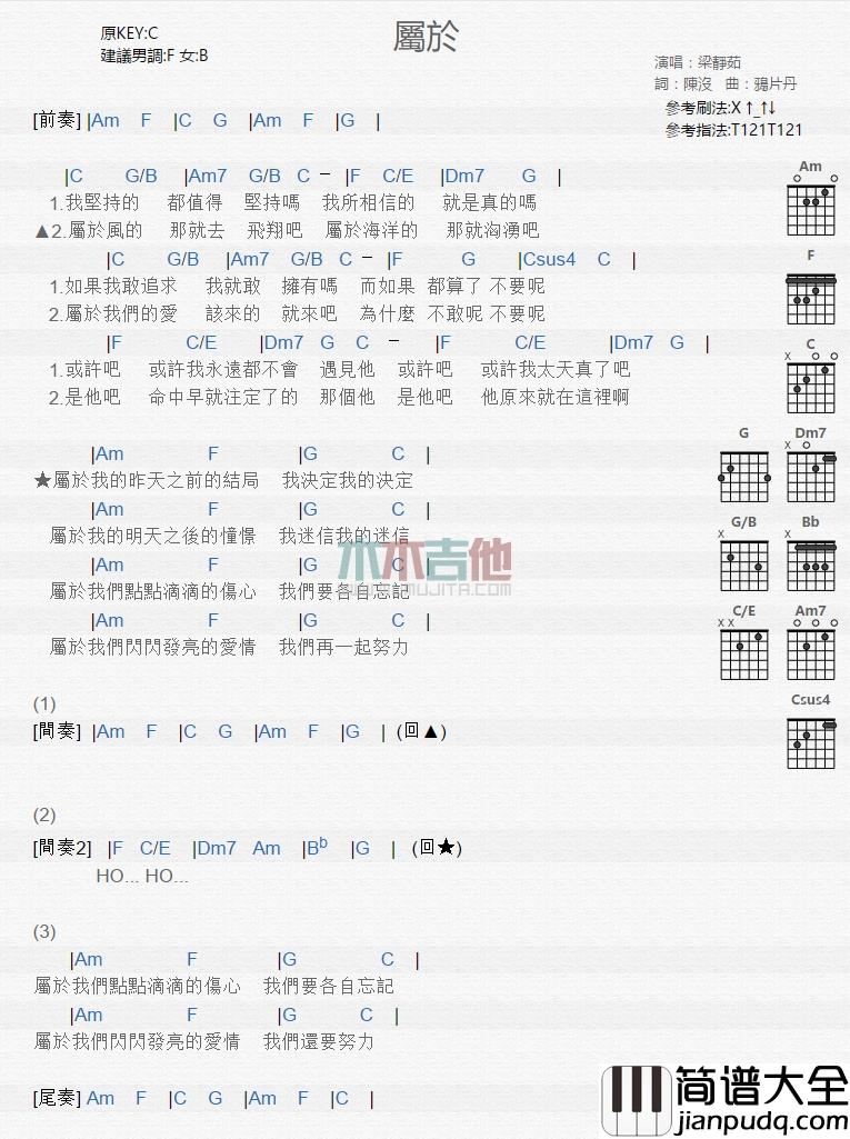 梁静茹_属于_吉他谱_Guitar_Music_Score