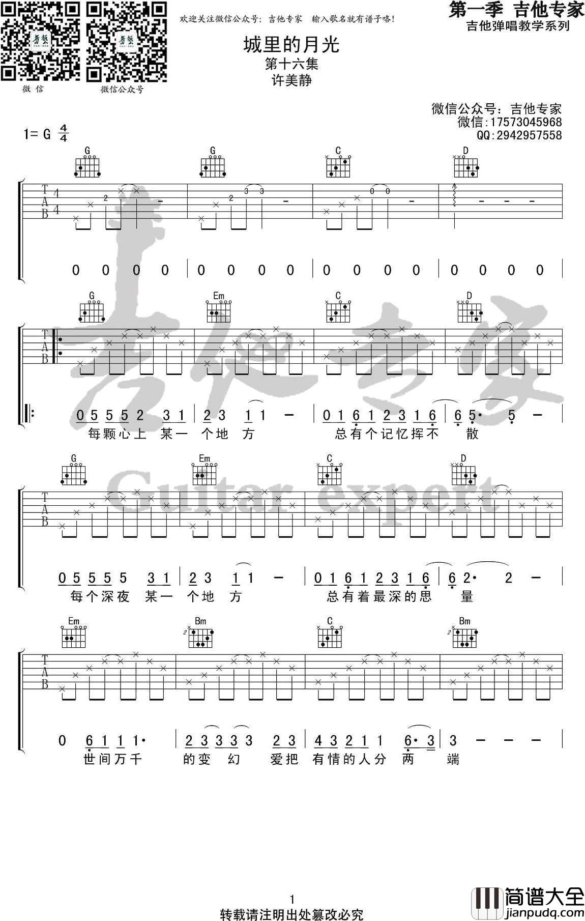 城里的月光吉他谱_许美静_G调指法编配