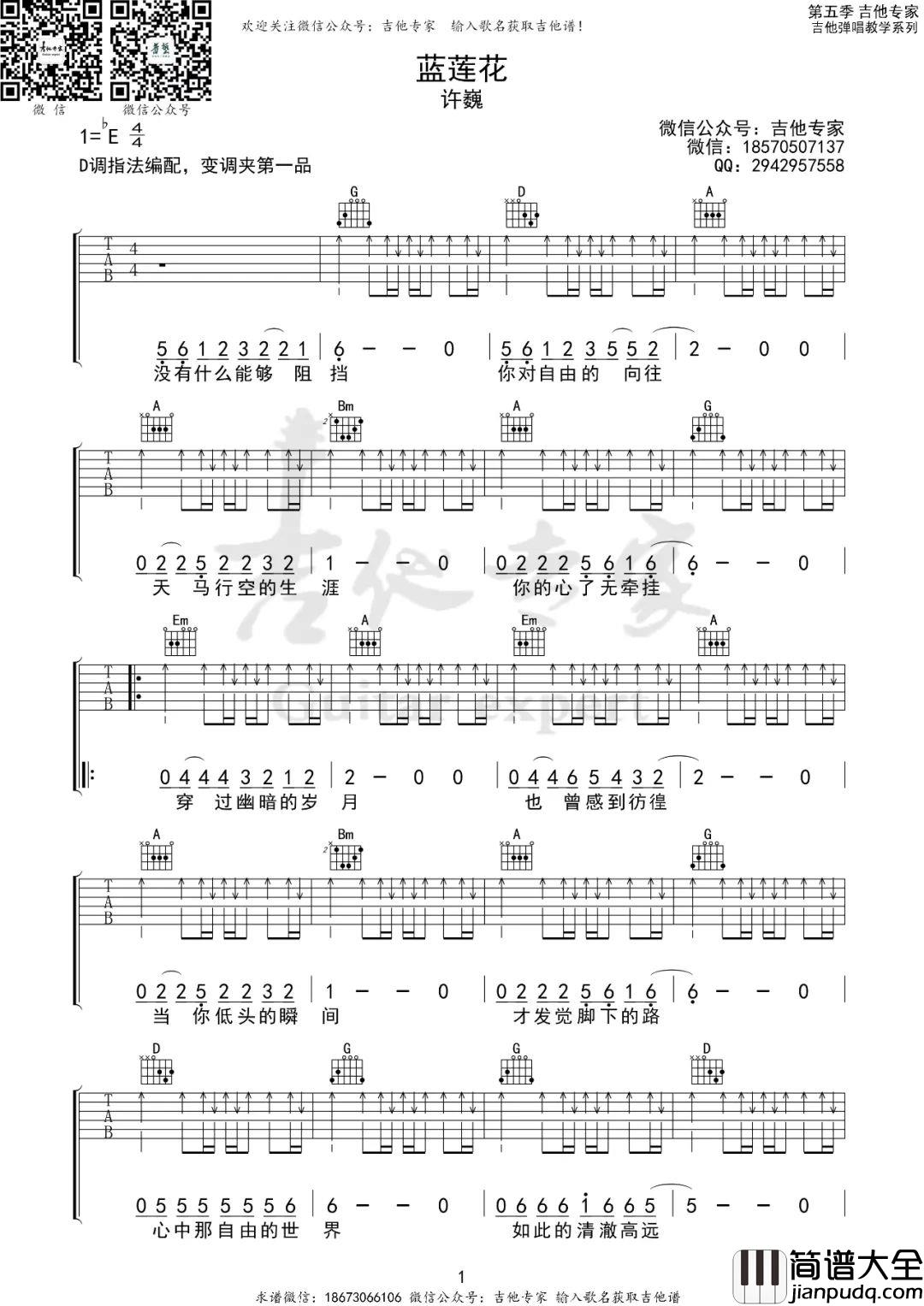 蓝莲花吉他谱_许巍_D调指法编配吉他六线谱