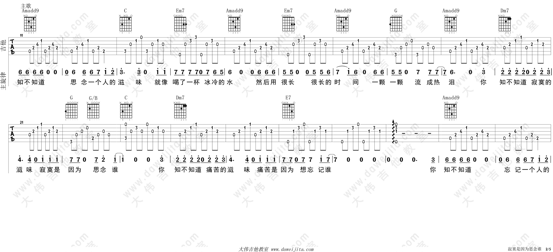 张磊_寂寞是因为思念谁_吉他谱(C调)_Guitar_Music_Score