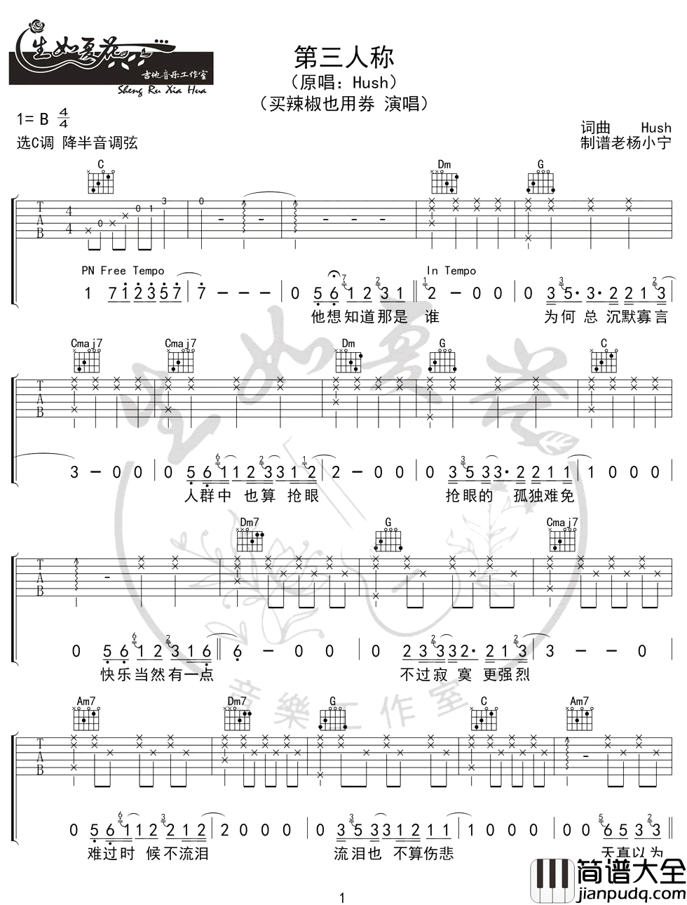 第三人称吉他谱_Hush!_C调简单版