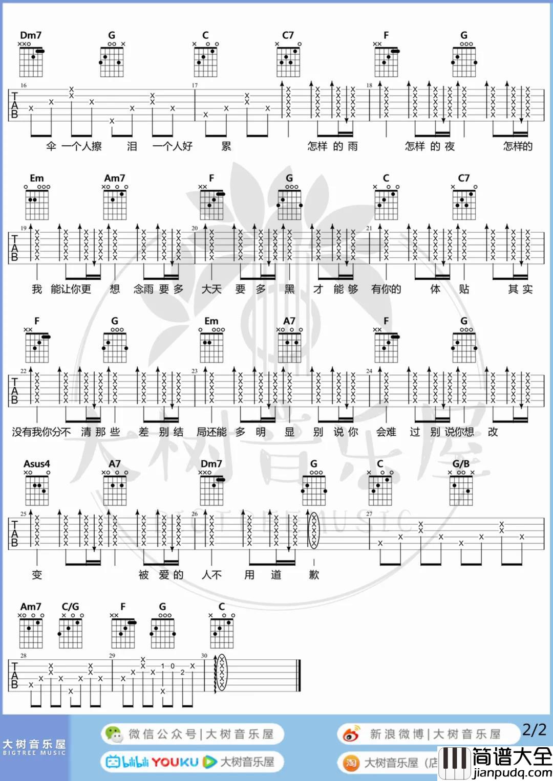 南拳妈妈,梁心颐_下雨天_吉他谱(C调)_Guitar_Music_Score