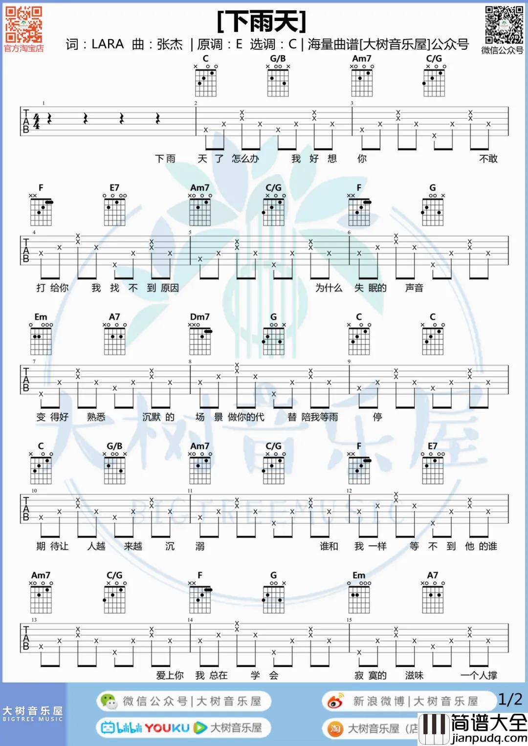 南拳妈妈,梁心颐_下雨天_吉他谱(C调)_Guitar_Music_Score