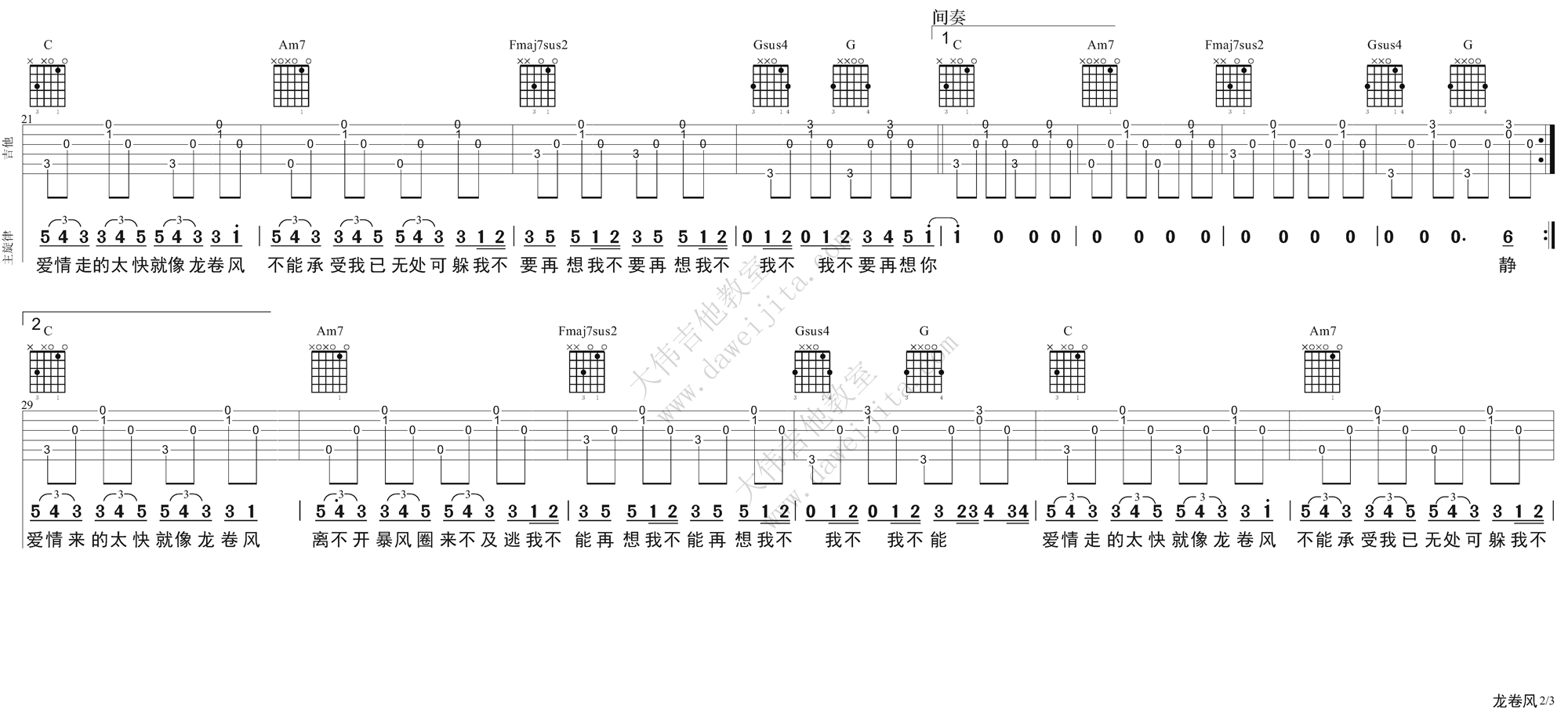 周杰伦_龙卷风_吉他谱(C调)_Guitar_Music_Score