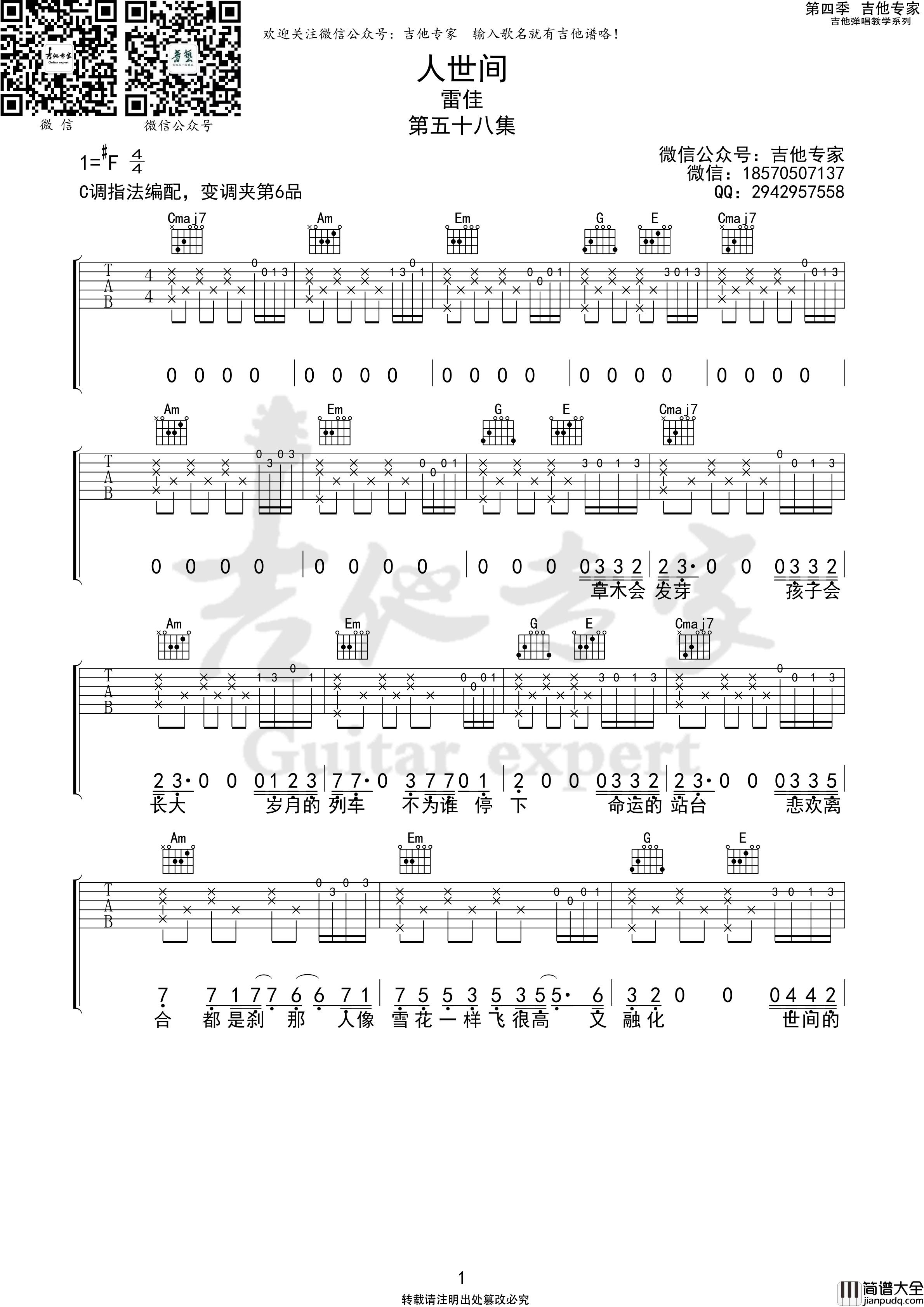人世间吉他谱_雷佳_人世间C调指法吉他谱