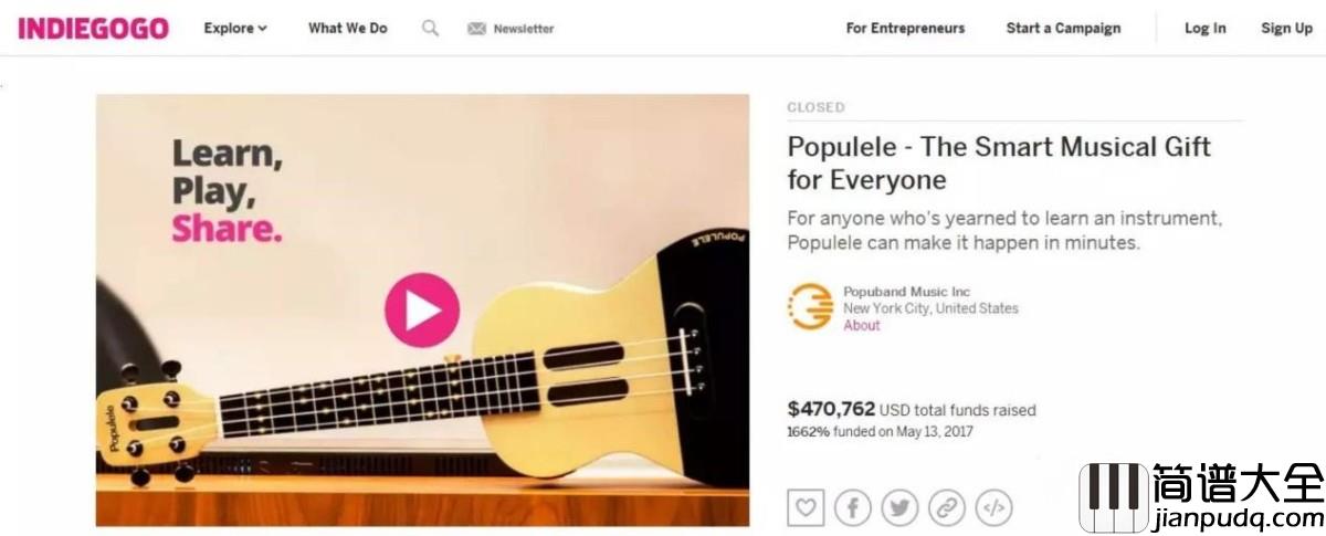 Populele尤克里里入选Indiegogo平台最佳