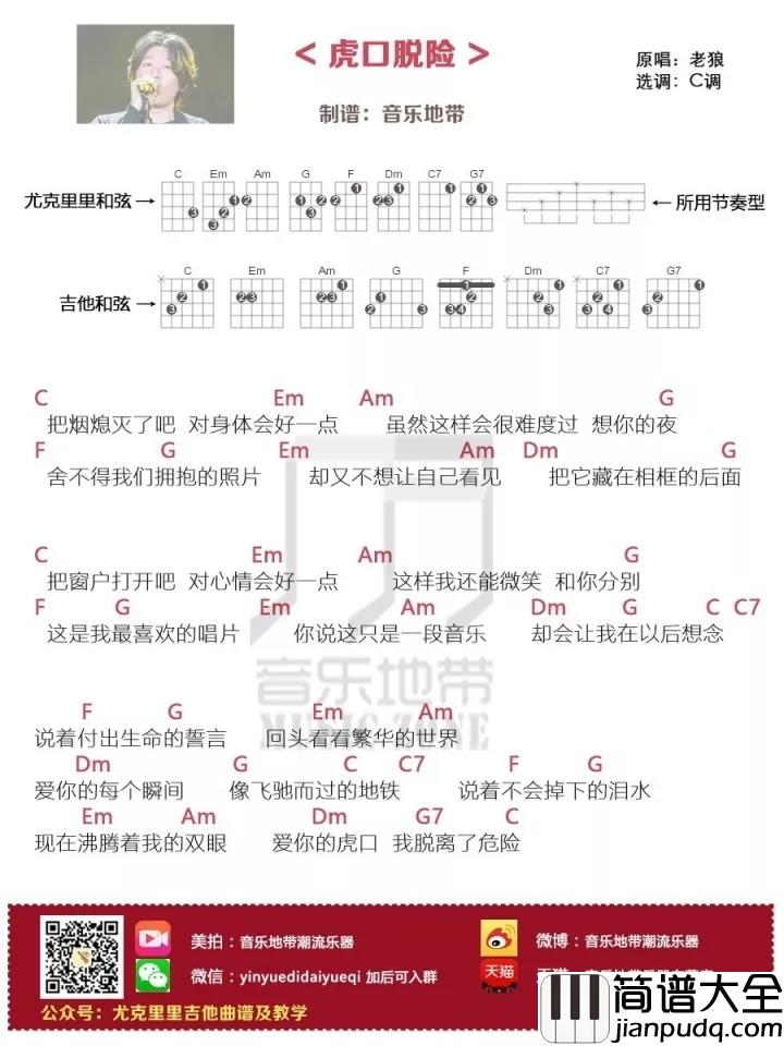 虎口脱险尤克里里谱_老狼_虽然这样很难度过想你的夜