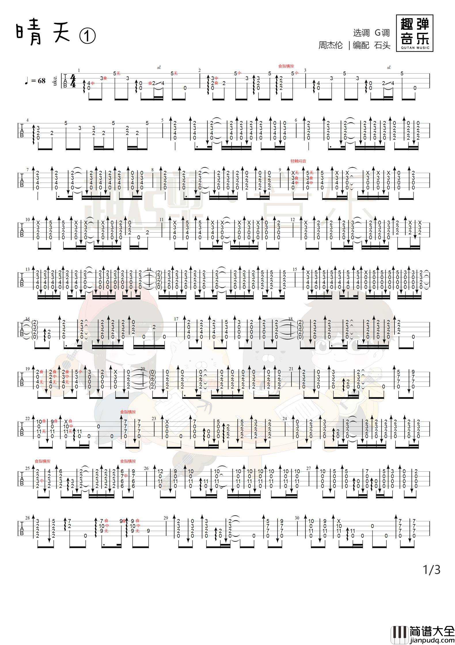 晴天尤克里里谱_弹唱教学_附指弹ukulele谱