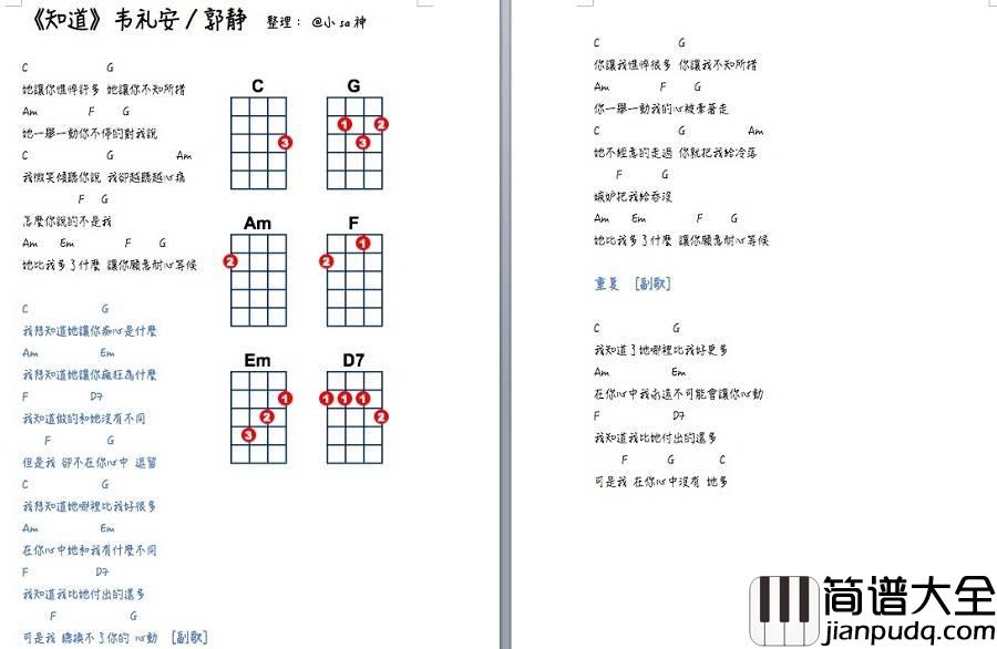 知道尤克里里谱_郭静_尤克里里弹唱教学_SASA