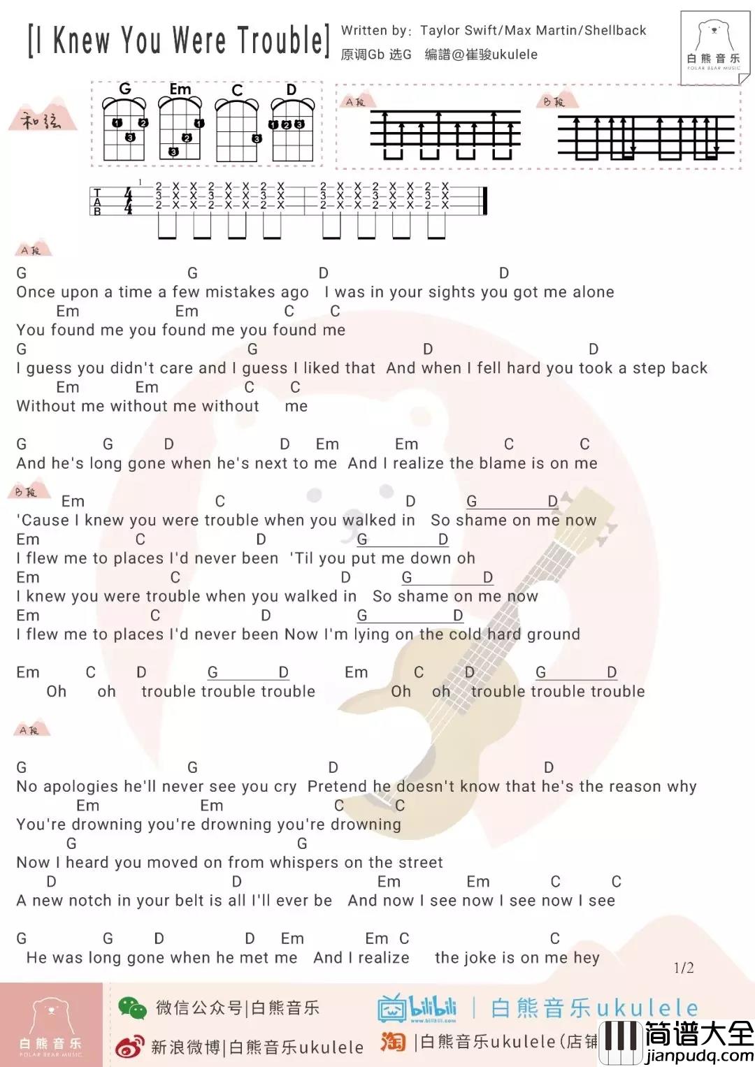 I_Knew_You_Were_Trouble尤克里里谱_Taylor_Swift_ukulele弹唱谱_白熊音乐出品